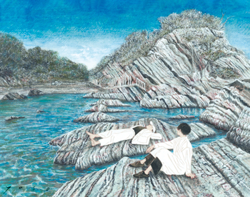 <br>昼寝の人<br>2024／岩絵具・胡粉・シナベニヤ<br>荒崎（神奈川）