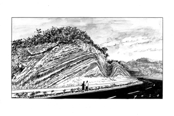 <br>地層と道<br>2024／インク・墨・透明水彩・紙<br>地層大切断面（伊豆大島）