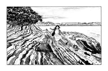 <br>縞模様の上で<br>2024／インク・墨・透明水彩・紙<br>城ヶ島（神奈川）