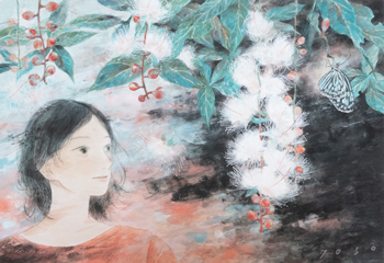 <br>朝へ<br>2025／岩絵具・胡粉・シナベニヤ